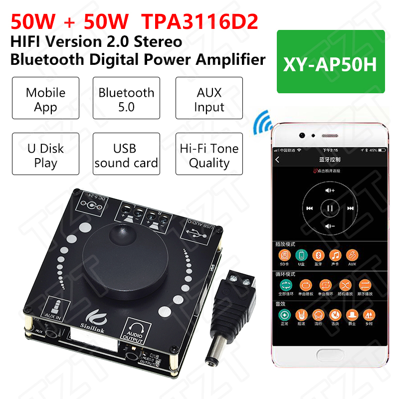 Audio Music Apps - TZT 2x50W Amplificatore di potenza audio